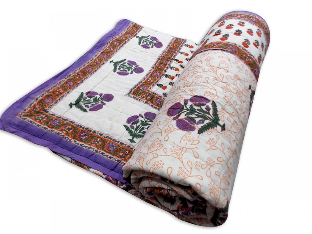 Double Bed Jaipuri Quilt / Razai Hand Block Printing Floral Design Size 90*108